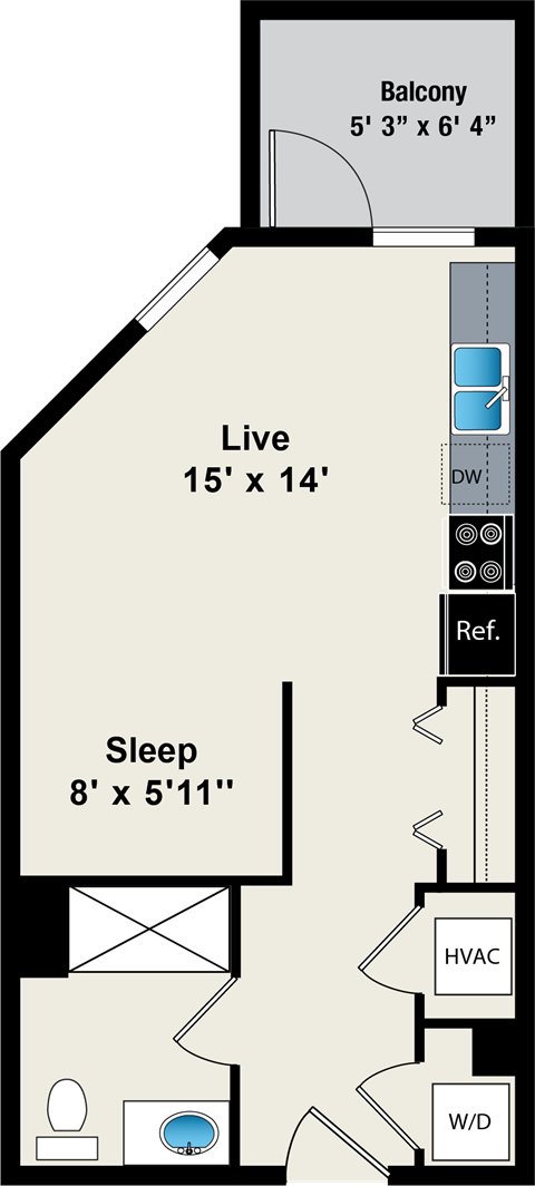 A floor plan of a small apartment with a balcony, living room, and sleeping area.